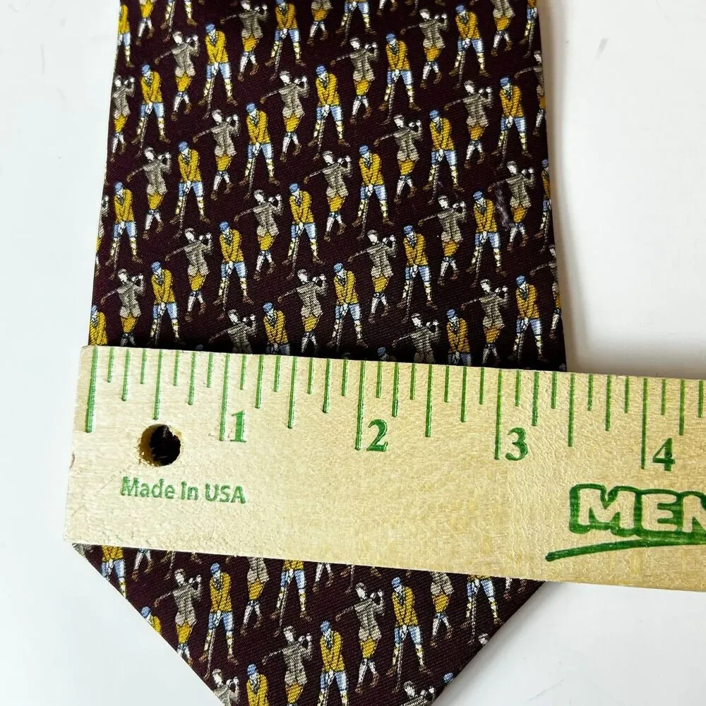 Brooks Brother Men's Burgundy Gold Golfer Print 100% Silk Tie